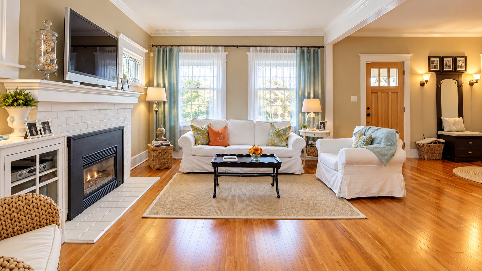 A bright, freshly cleaned living room